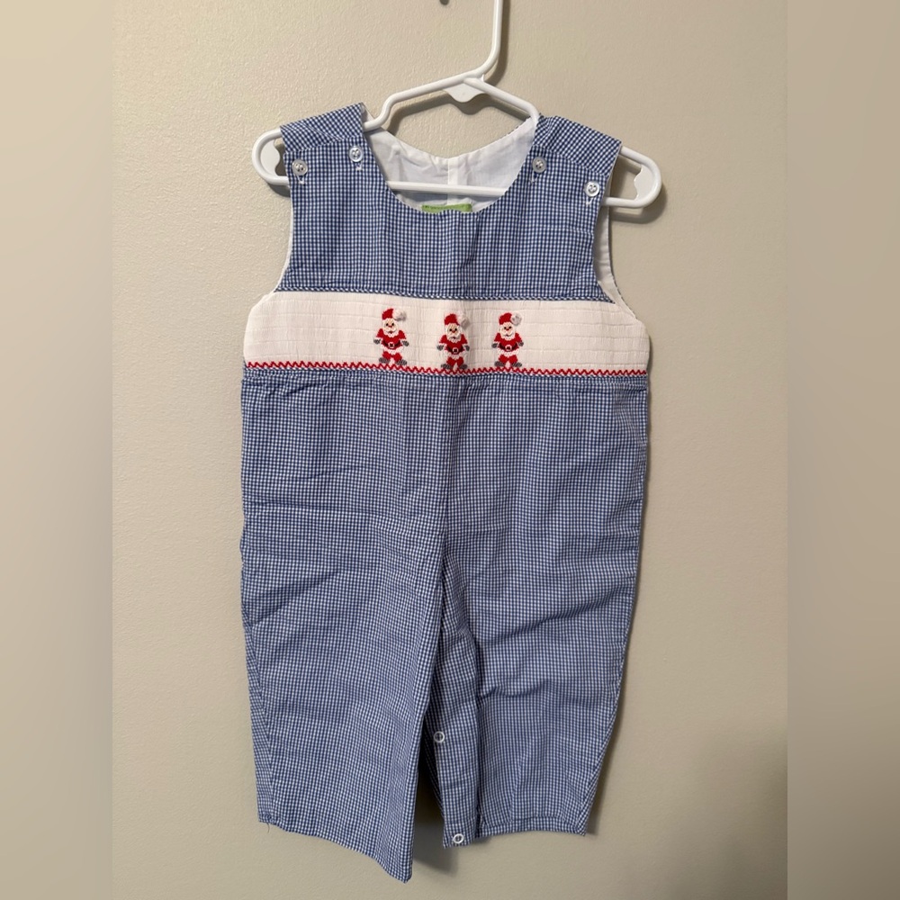 Classic Whimsy Blue Gingham Smocked Santa Longalls